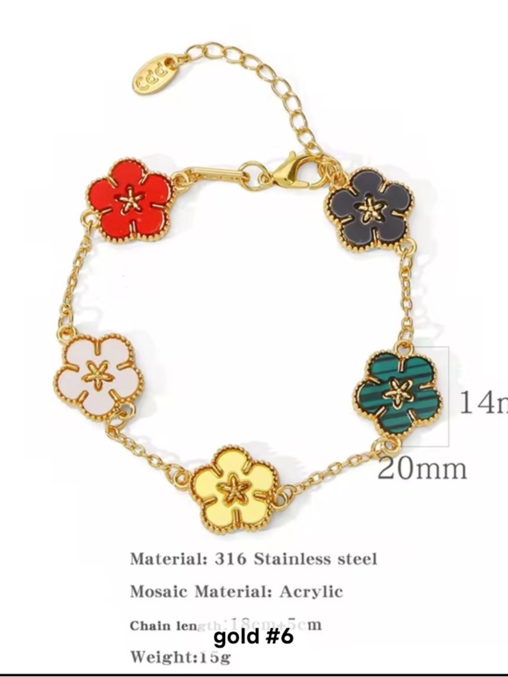 Gold Tone Floral Bracelet with Multicolor Enamel Flowers